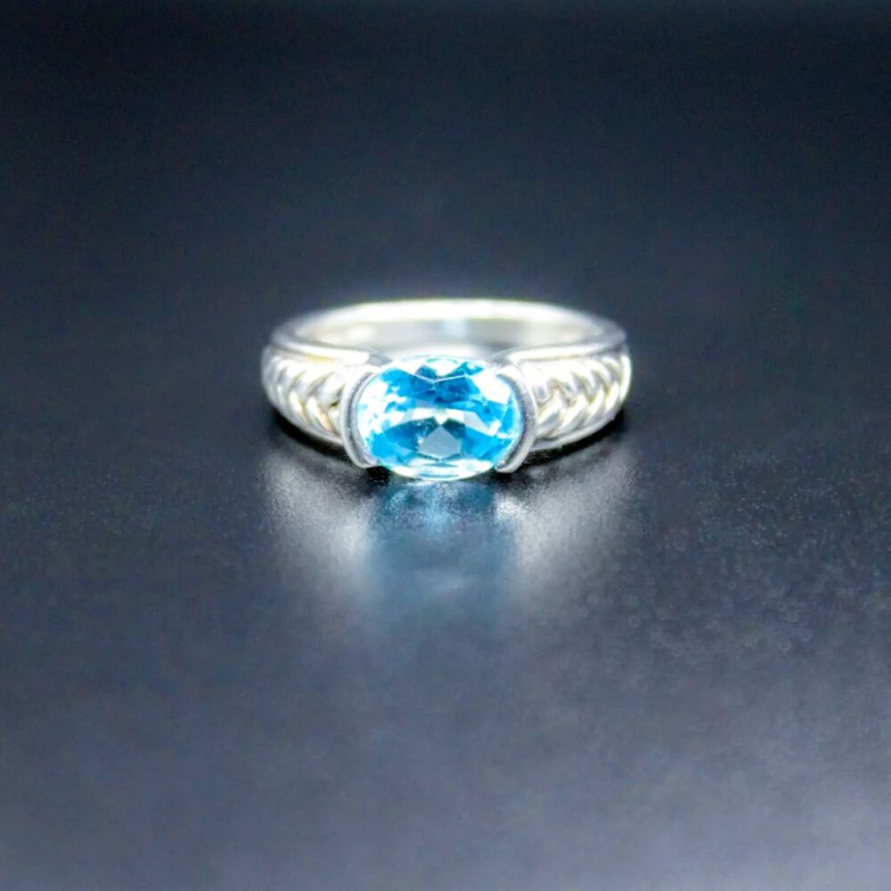 925 Sterling Silver SWISS Sky BLUE TOPAZ Vintage Oval Solitaire Ring Signed